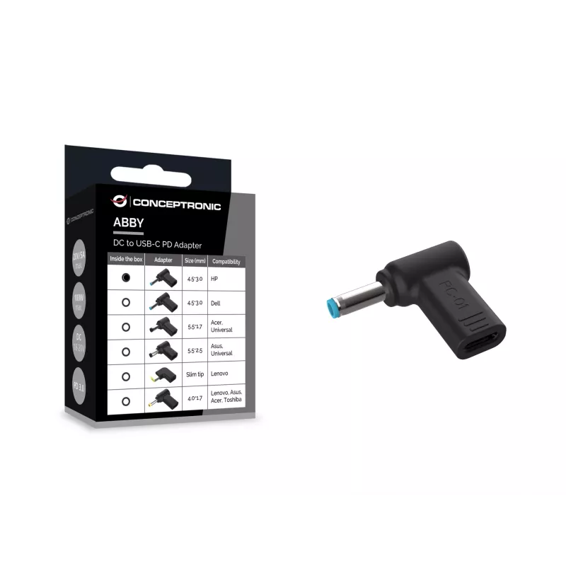 Conceptronic ABBY15PC01 DC-USB-C-adapteri, HP 4,5x3,0 mm, 18-20V