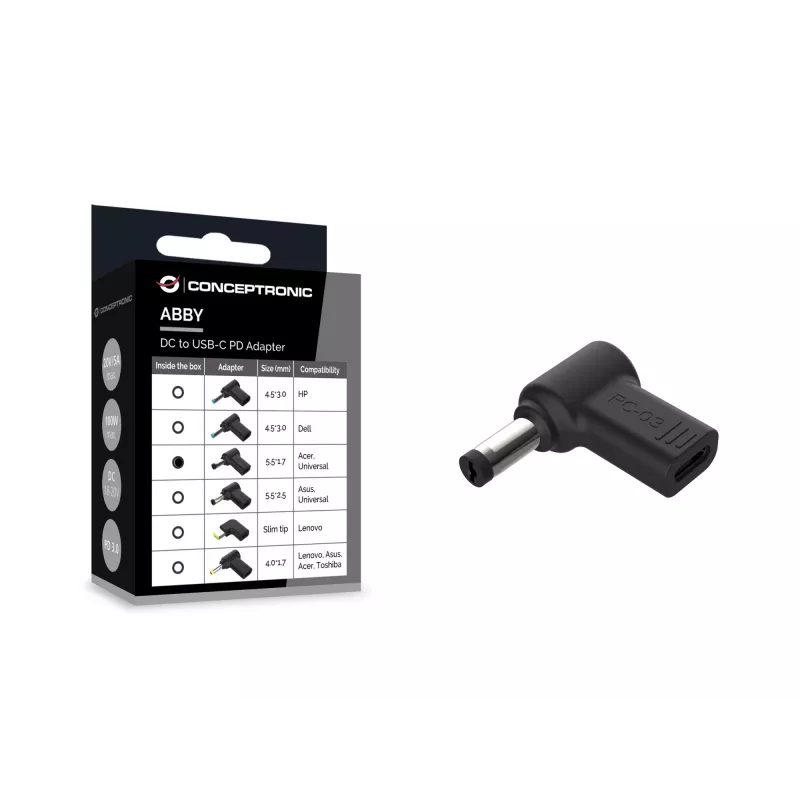 Conceptronic ABBY15PC03 DC-USB-C-adapteri, Acer/yleinen 5,5x1,7mm, 18-20V