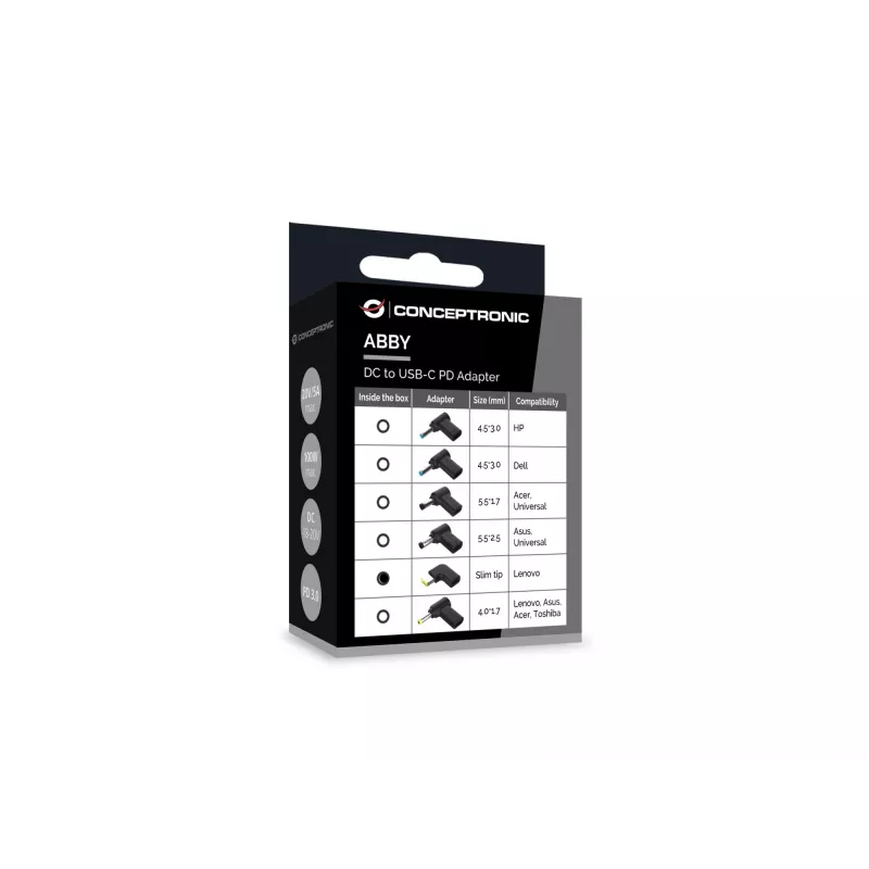 Conceptronic ABBY15PC05 DC-USB-C-adapteri, Lenovo ohut Tip, 18-20V