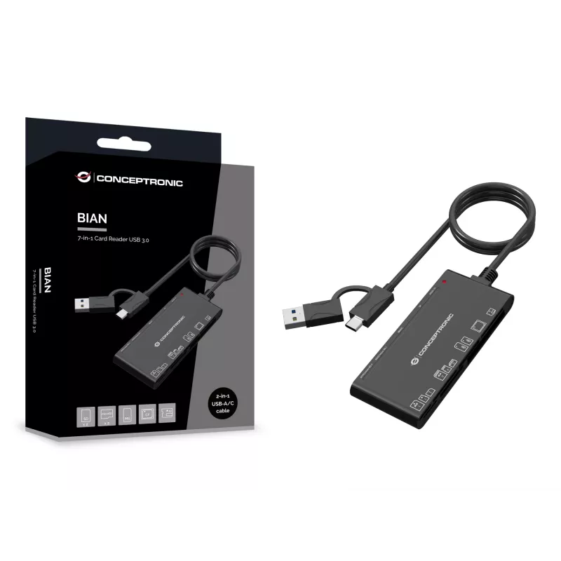 7-in-1-kortinlukija CONCEPTRONIC BIAN10B — USB 3.2 Gen 1 Type-A/Type-C, CF/MMC/MS/SD/MicroSD/xD, musta