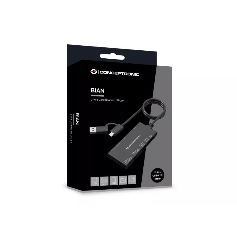 7-in-1-kortinlukija CONCEPTRONIC BIAN10B — USB 3.2 Gen 1 Type-A/Type-C, CF/MMC/MS/SD/MicroSD/xD, musta