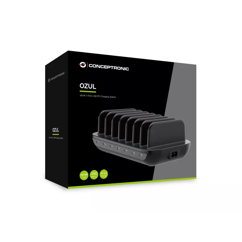 Conceptronic OZUL07B 160W 7-porttinen USB PD -latausasema, USB-C x 7, PD 3.0