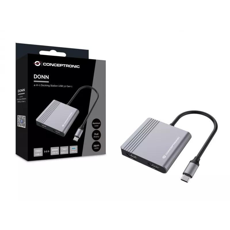 Conceptronic DONN13G kannettavan telakka/porttitoistin johdollinen USB 3.2 Gen 1 (3.1 Gen 1) Type-C, harmaa