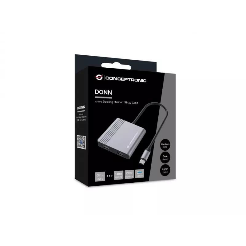 Conceptronic DONN13G kannettavan telakka/porttitoistin johdollinen USB 3.2 Gen 1 (3.1 Gen 1) Type-C, harmaa