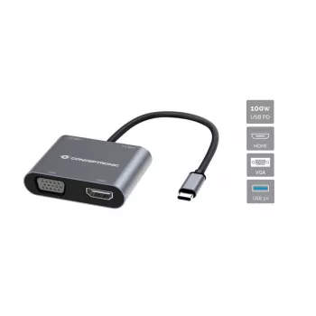 Conceptronic DONN16G johdollinen USB 3.2 Gen 1 Type-C, harmaa, 100W, 4K Ultra HD