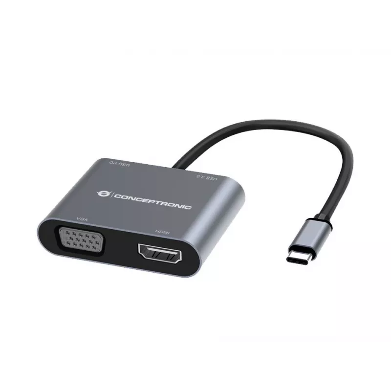 Conceptronic DONN16G johdollinen USB 3.2 Gen 1 Type-C, harmaa, 100W, 4K Ultra HD