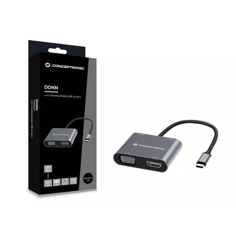 Conceptronic DONN16G johdollinen USB 3.2 Gen 1 Type-C, harmaa, 100W, 4K Ultra HD