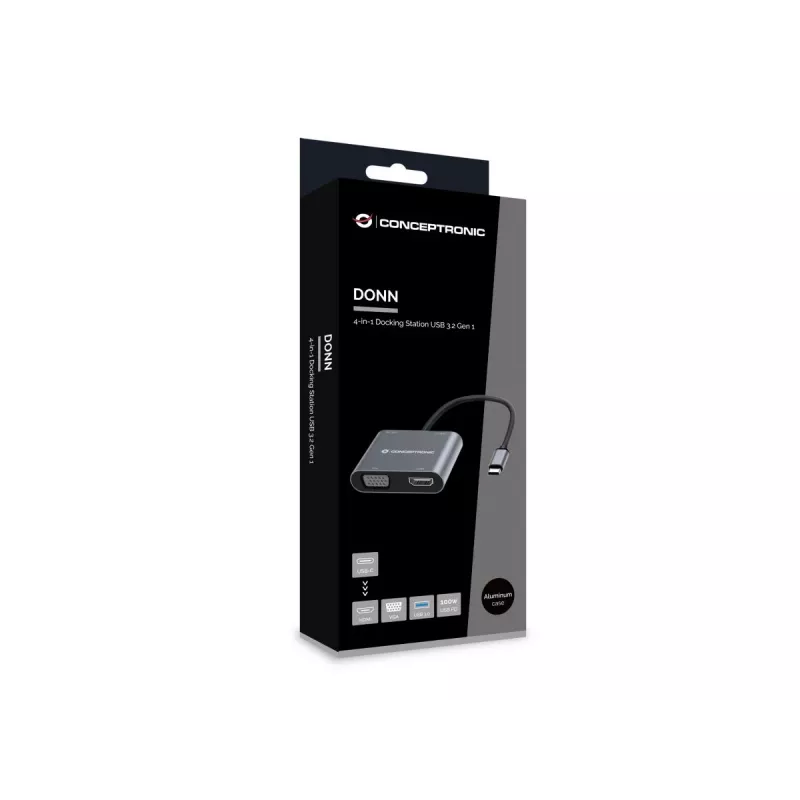 Conceptronic DONN16G johdollinen USB 3.2 Gen 1 Type-C, harmaa, 100W, 4K Ultra HD