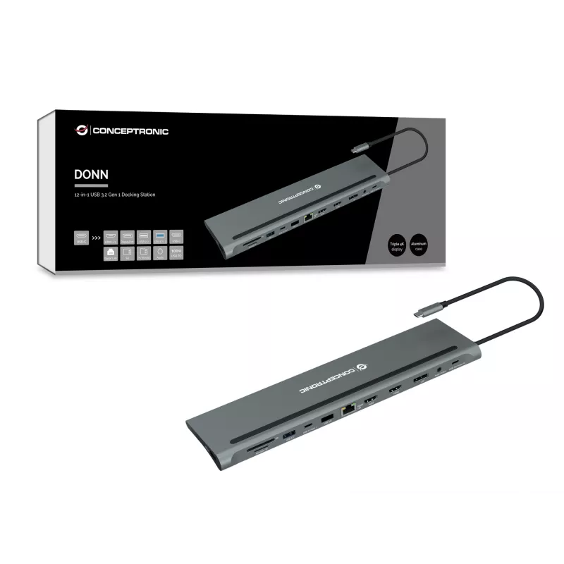 Conceptronic DONN17G kannettavan telakka/porttitoistin johdollinen USB 3.2 Gen 1 (3.1 Gen 1) Type-C, harmaa