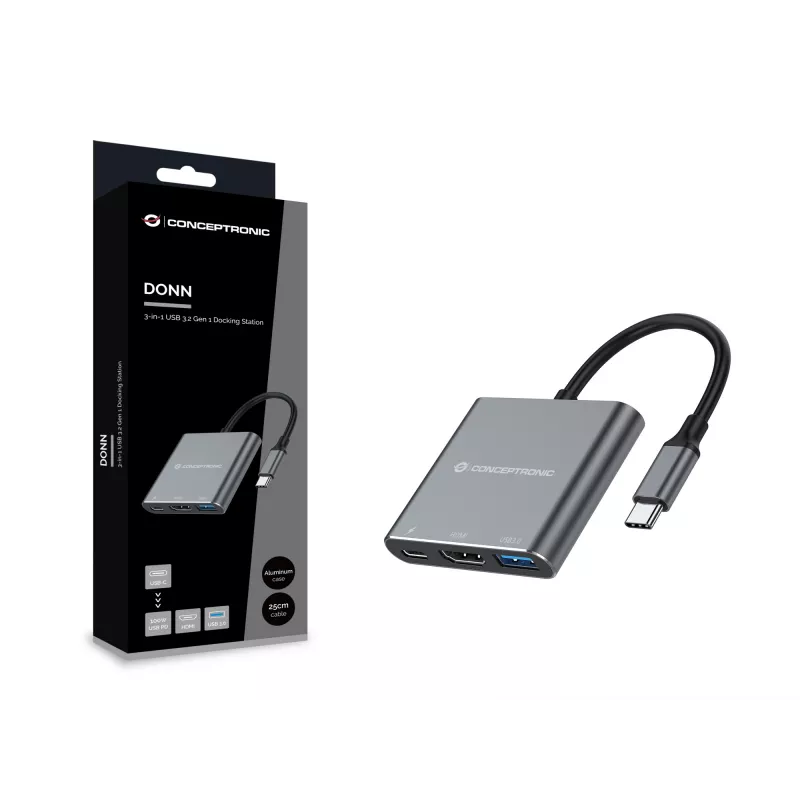 Conceptronic DONN18G 3-in-1 USB 3.2 Gen 1 -telakka, HDMI, USB 3.0, 100W USB PD