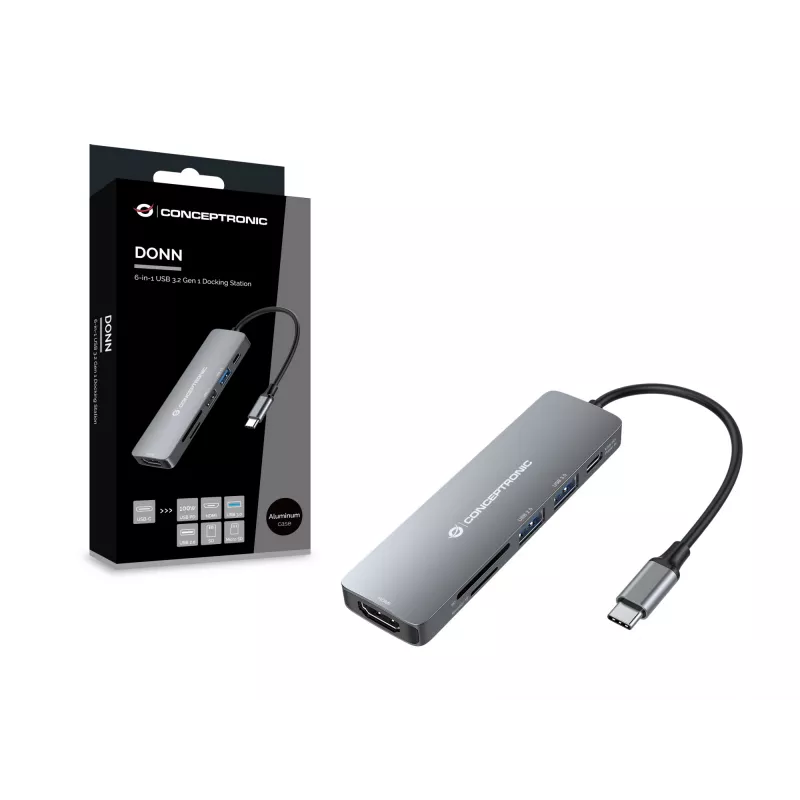 Conceptronic DONN11G 6-in-1 USB 3.2 Gen 1 -telakka, HDMI, 100W USB PD, USB 3.0, USB 2.0, SD, TF/MicroSD