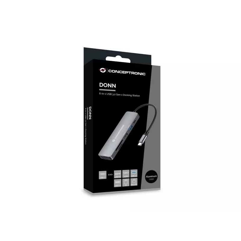 Conceptronic DONN11G 6-in-1 USB 3.2 Gen 1 -telakka, HDMI, 100W USB PD, USB 3.0, USB 2.0, SD, TF/MicroSD