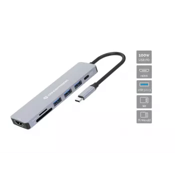 Conceptronic DONN19G 7-in-1 USB 3.2 Gen 1 -telakka, HDMI, USB-A 3.0 x 3, SD, TF/MicroSD, 100W USB PD