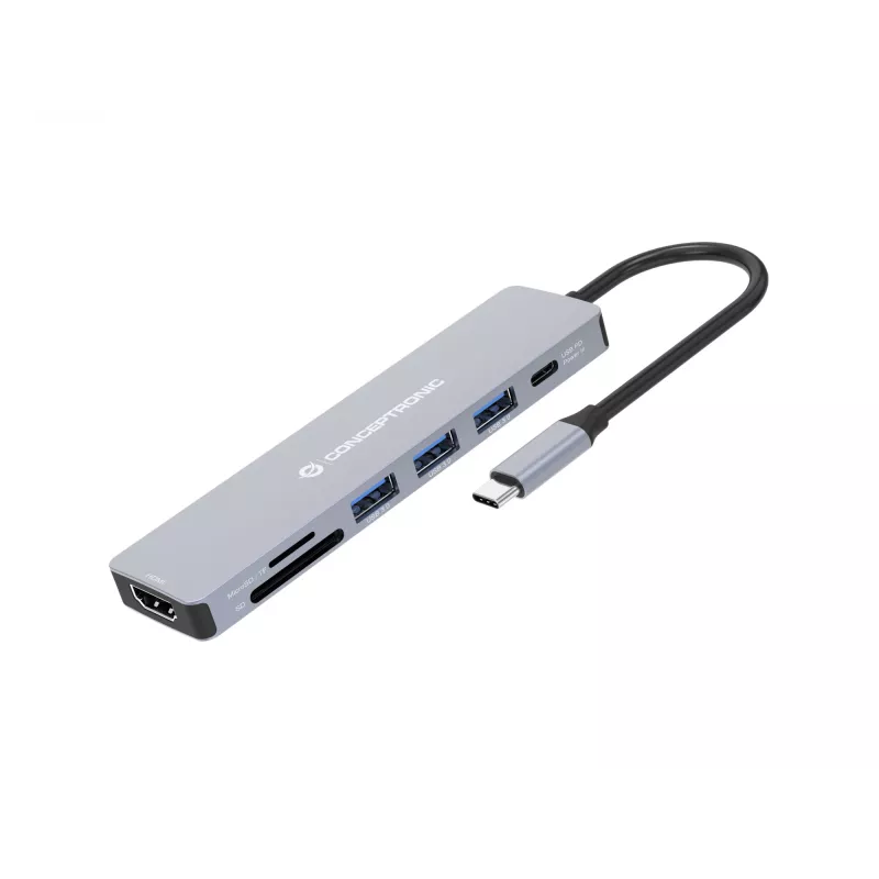 Conceptronic DONN19G 7-in-1 USB 3.2 Gen 1 -telakka, HDMI, USB-A 3.0 x 3, SD, TF/MicroSD, 100W USB PD