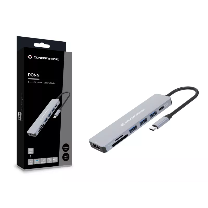 Conceptronic DONN19G 7-in-1 USB 3.2 Gen 1 -telakka, HDMI, USB-A 3.0 x 3, SD, TF/MicroSD, 100W USB PD
