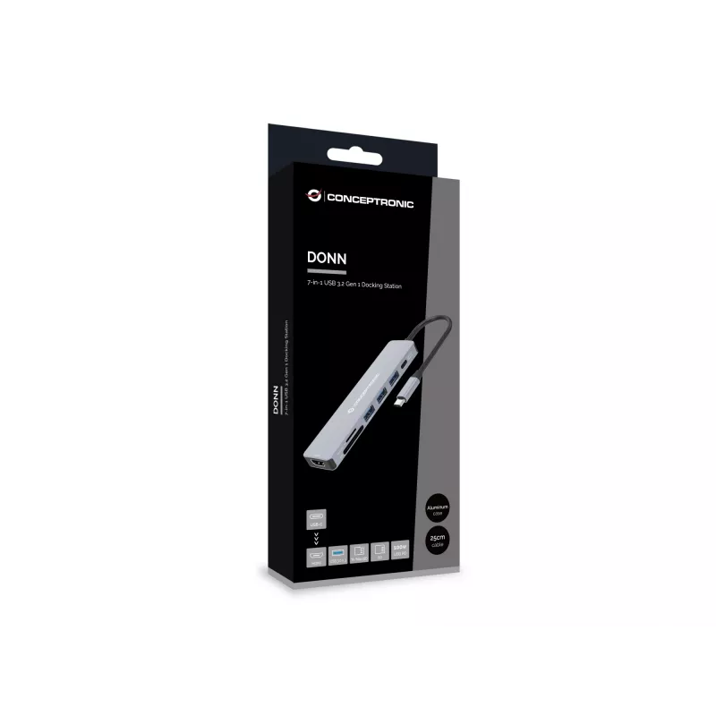 Conceptronic DONN19G 7-in-1 USB 3.2 Gen 1 -telakka, HDMI, USB-A 3.0 x 3, SD, TF/MicroSD, 100W USB PD