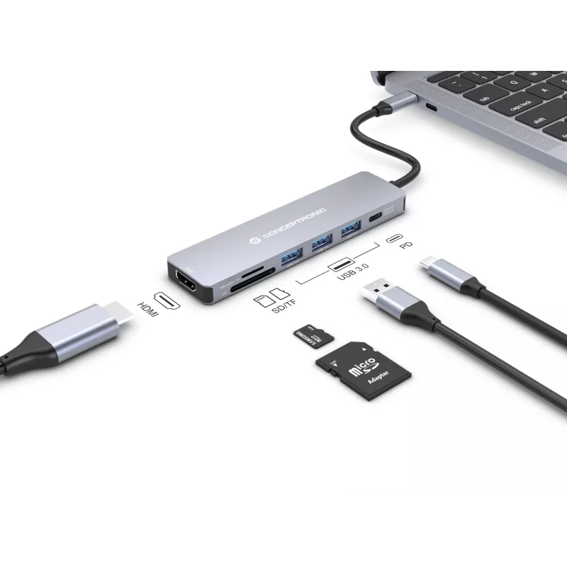 Conceptronic DONN19G 7-in-1 USB 3.2 Gen 1 -telakka, HDMI, USB-A 3.0 x 3, SD, TF/MicroSD, 100W USB PD
