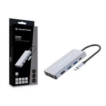 Conceptronic DONN20G 10-in-1 USB 3.2 Gen 1 -telakka, HDMI, VGA, USB-A 3.0 x 3, SD, TF/MicroSD, ääni, GbE LAN, 100W USB PD