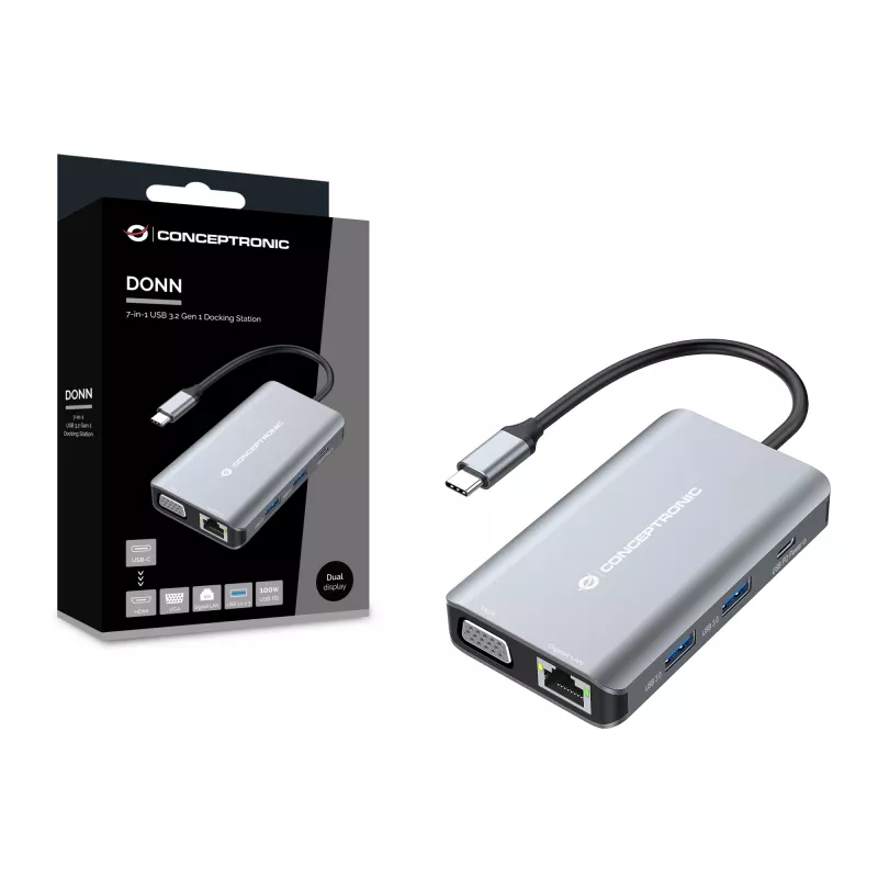 Conceptronic DONN21G kannettavan telakka/porttitoistin johdollinen USB 3.2 Gen 1 (3.1 Gen 1) Type-C, harmaa