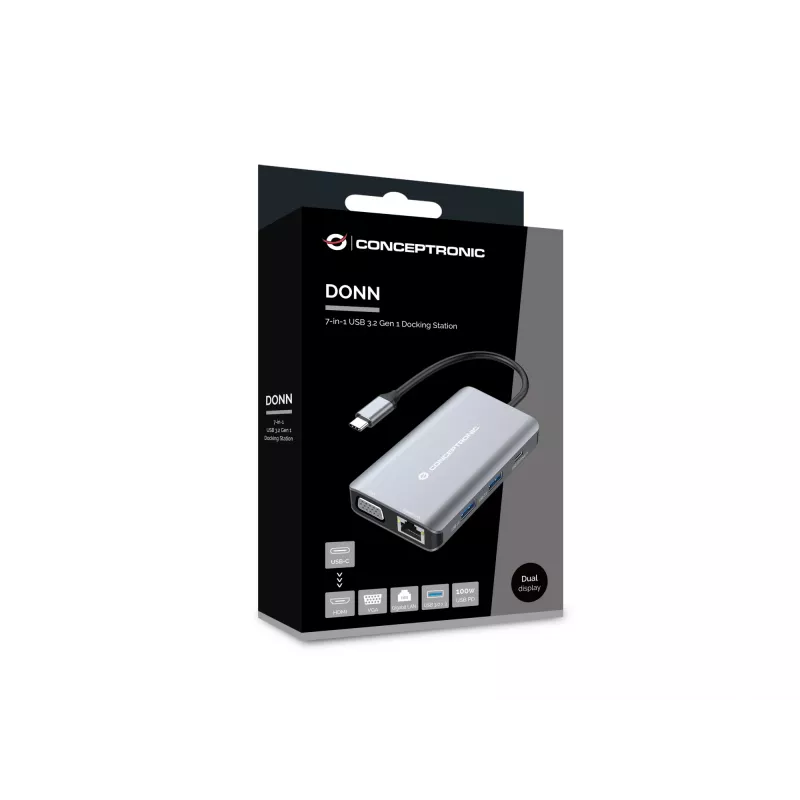 Conceptronic DONN21G kannettavan telakka/porttitoistin johdollinen USB 3.2 Gen 1 (3.1 Gen 1) Type-C, harmaa