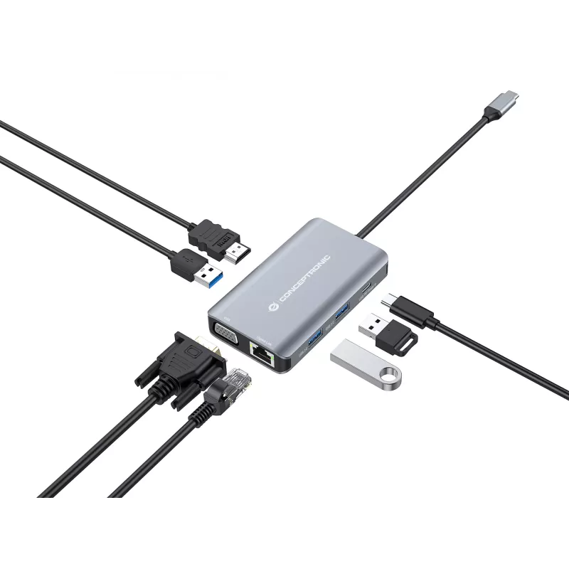 Conceptronic DONN21G kannettavan telakka/porttitoistin johdollinen USB 3.2 Gen 1 (3.1 Gen 1) Type-C, harmaa