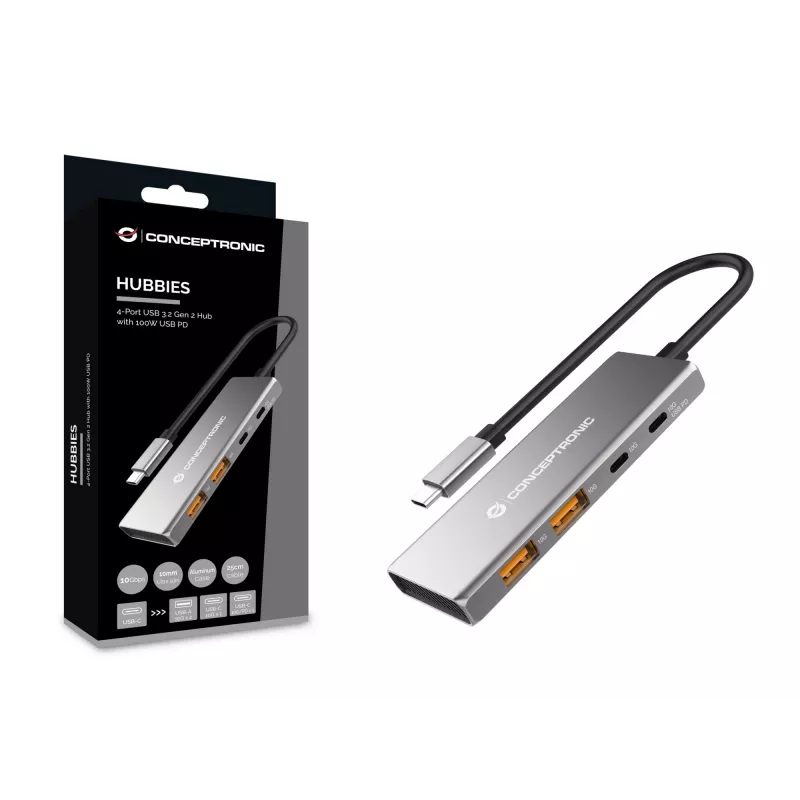 Conceptronic HUBBIES15G USB-keskitin USB 3.2 Gen 2 (3.1 Gen 2) Type-C 10 000 Mbit/s, harmaa
