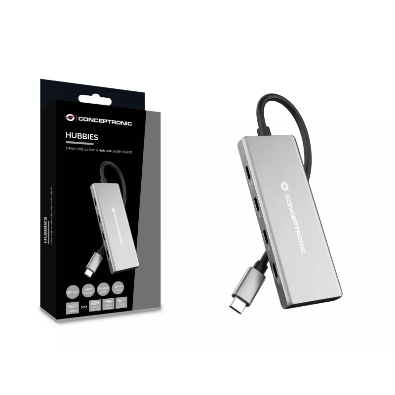 Conceptronic HUBBIES17G USB-keskitin USB 3.2 Gen 2 (3.1 Gen 2) Type-C 10 000 Mbit/s, harmaa