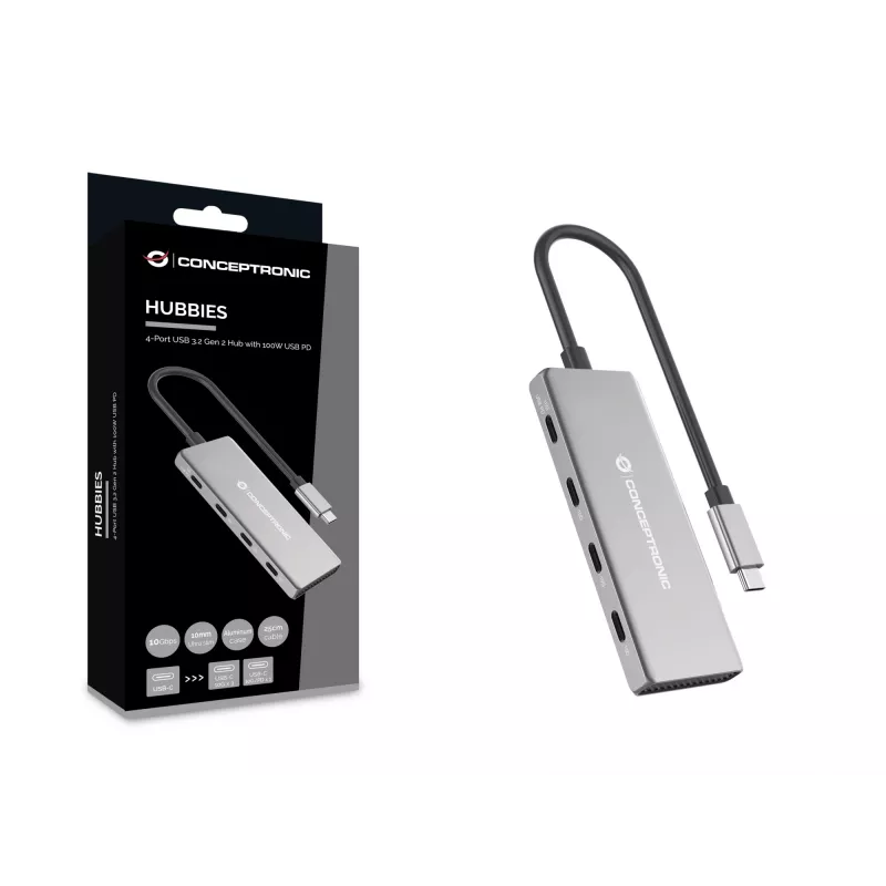 Conceptronic HUBBIES16G USB-keskitin USB 3.2 Gen 2 (3.1 Gen 2) Type-C 10 000 Mbit/s, harmaa