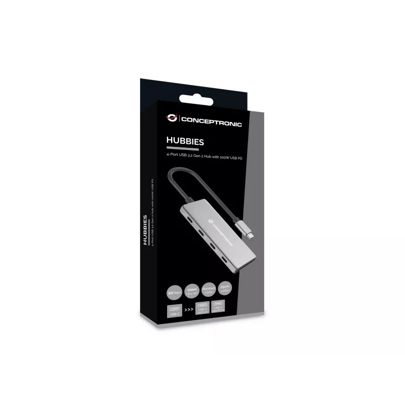 Conceptronic HUBBIES16G USB-keskitin USB 3.2 Gen 2 (3.1 Gen 2) Type-C 10 000 Mbit/s, harmaa