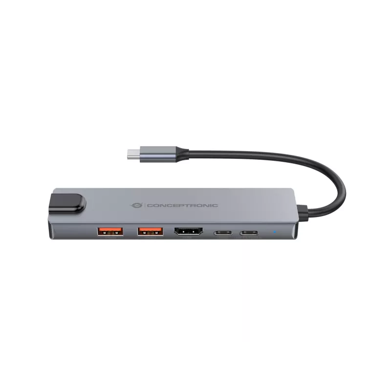 Conceptronic DONN29G 6-in-1 USB 3.2 Gen 2 -telakka, 4K60Hz HDMI, USB-A 10Gbps x 2, USB-C 10Gbps, GbE LAN, 140W USB PD 3.1