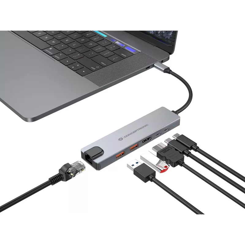 Conceptronic DONN29G 6-in-1 USB 3.2 Gen 2 -telakka, 4K60Hz HDMI, USB-A 10Gbps x 2, USB-C 10Gbps, GbE LAN, 140W USB PD 3.1