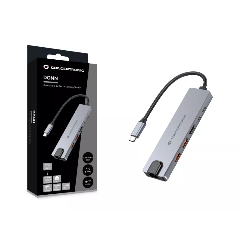 Conceptronic DONN29G 6-in-1 USB 3.2 Gen 2 -telakka, 4K60Hz HDMI, USB-A 10Gbps x 2, USB-C 10Gbps, GbE LAN, 140W USB PD 3.1