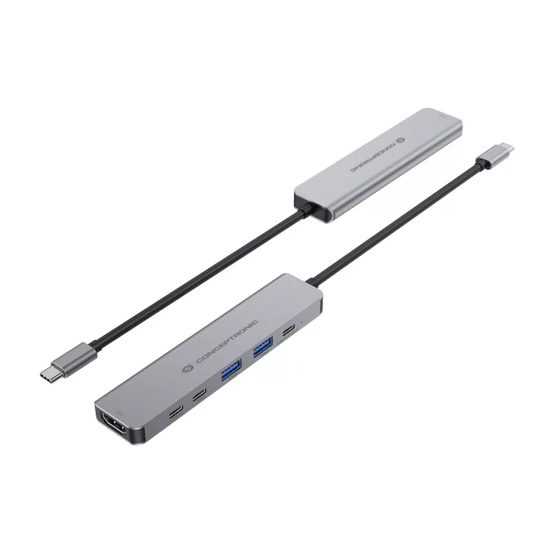 6-in-1 USB 3.2 Gen 1 -telakka CONCEPTRONIC DONN33G, HDMI, 2×USB-A 5Gbps, 2×USB-C 5Gbps, 100W USB PD, hopea