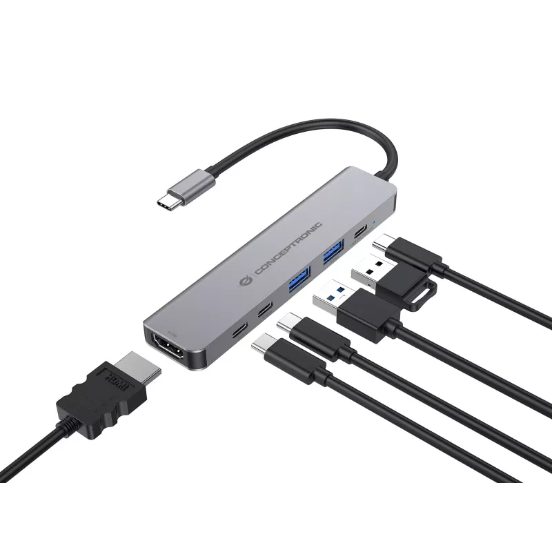 6-in-1 USB 3.2 Gen 1 -telakka CONCEPTRONIC DONN33G, HDMI, 2×USB-A 5Gbps, 2×USB-C 5Gbps, 100W USB PD, hopea