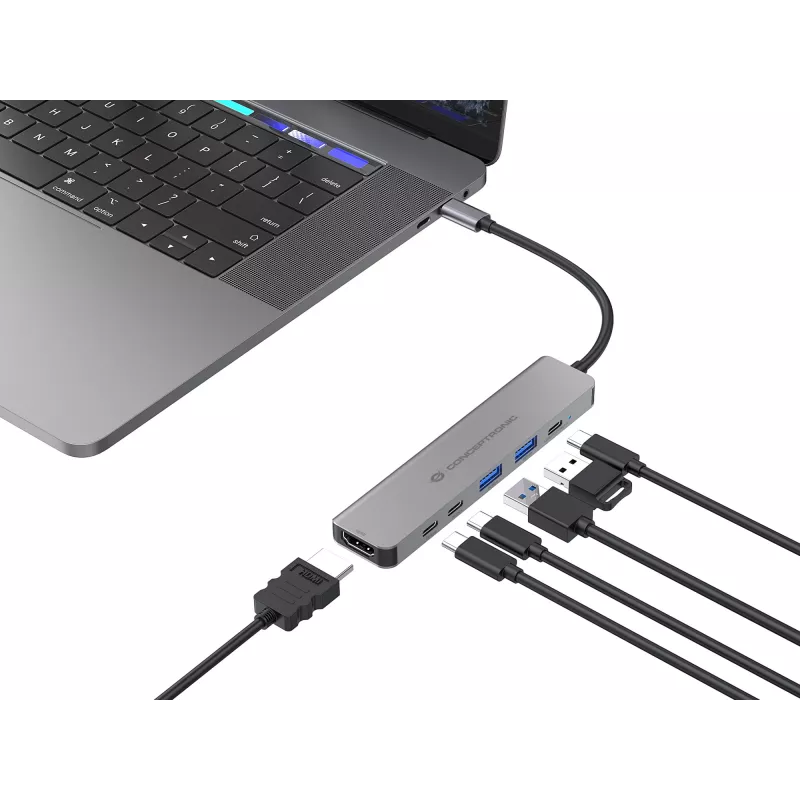 6-in-1 USB 3.2 Gen 1 -telakka CONCEPTRONIC DONN33G, HDMI, 2×USB-A 5Gbps, 2×USB-C 5Gbps, 100W USB PD, hopea