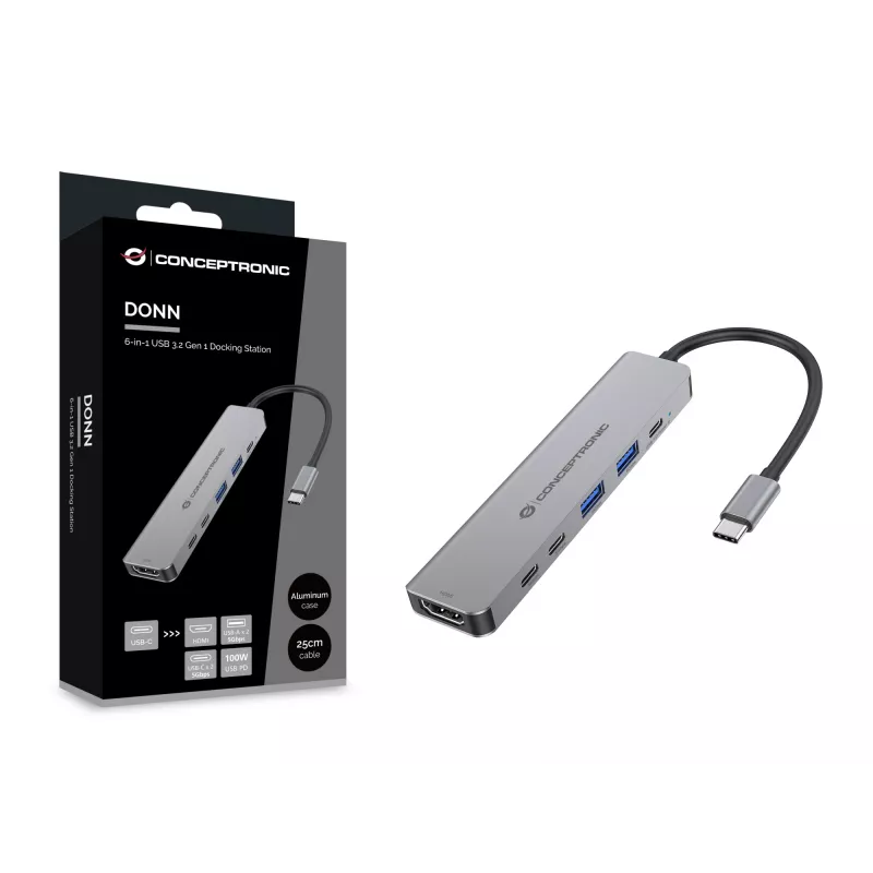 6-in-1 USB 3.2 Gen 1 -telakka CONCEPTRONIC DONN33G, HDMI, 2×USB-A 5Gbps, 2×USB-C 5Gbps, 100W USB PD, hopea