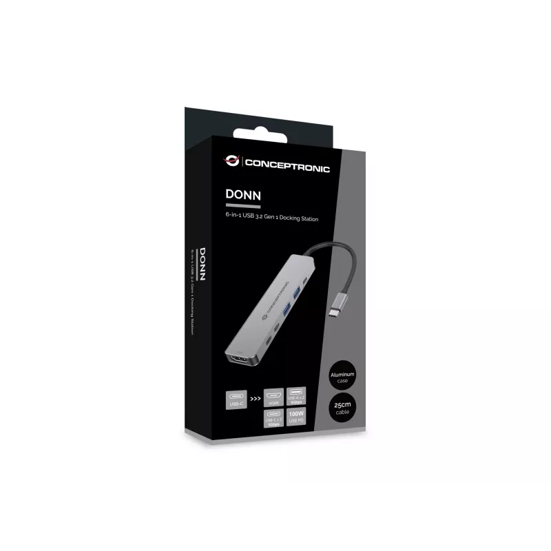 6-in-1 USB 3.2 Gen 1 -telakka CONCEPTRONIC DONN33G, HDMI, 2×USB-A 5Gbps, 2×USB-C 5Gbps, 100W USB PD, hopea