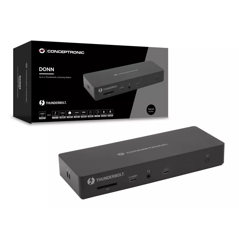 Conceptronic DONN30B 13-in-1 Thunderbolt 4 -telakointiasema, 40 Gbit/s, 96 W, HDMI, 2x USB-A, USB-C, 2,5GbE LAN, SD-kortinlukija, musta