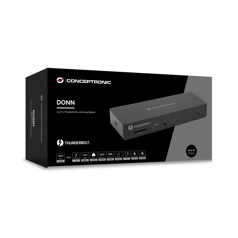 Conceptronic DONN30B 13-in-1 Thunderbolt 4 -telakointiasema, 40 Gbit/s, 96 W, HDMI, 2x USB-A, USB-C, 2,5GbE LAN, SD-kortinlukija, musta