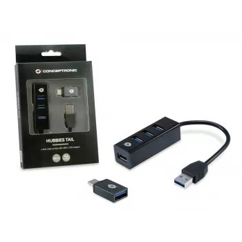USB-keskitin Conceptronic HUBBIES 4-porttinen USB 3.0 -keskitin USB-C OTG -sovittimella