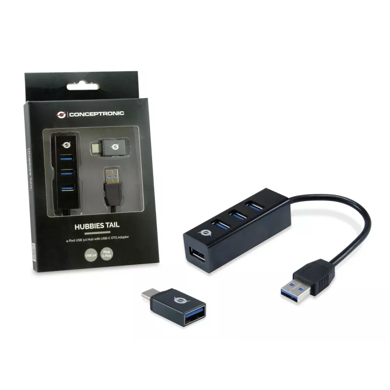 USB-keskitin Conceptronic HUBBIES 4-porttinen USB 3.0 -keskitin USB-C OTG -sovittimella