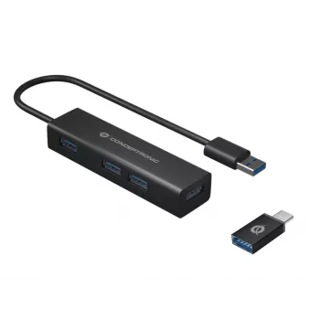 Conceptronic 4-porttinen USB 3.0 -alumiinikeskitin USB-C–USB-A-sovittimella