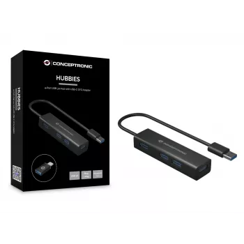 Conceptronic 4-porttinen USB 3.0 -alumiinikeskitin USB-C–USB-A-sovittimella