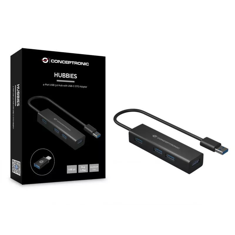 Conceptronic 4-porttinen USB 3.0 -alumiinikeskitin USB-C–USB-A-sovittimella