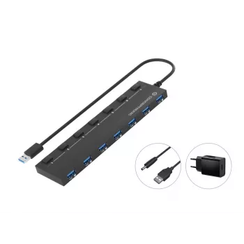 Conceptronic HUBBIES19BP 7-porttinen USB 3.0 -keskitin virtalähteellä, 90 cm kaapeli, yksittäiskytkin, USB 3.2 Gen 1