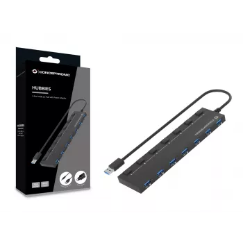 Conceptronic HUBBIES19BP 7-porttinen USB 3.0 -keskitin virtalähteellä, 90 cm kaapeli, yksittäiskytkin, USB 3.2 Gen 1