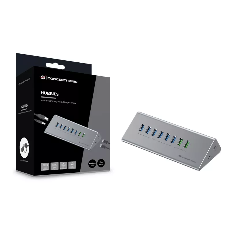 Conceptronic HUBBIES18G 10-in-1 60W USB 3.0 -keskitin-laturiyhdistelmä, 2-in-1 USB-C–USB-A-kaapeli, USB 3.2 Gen 1