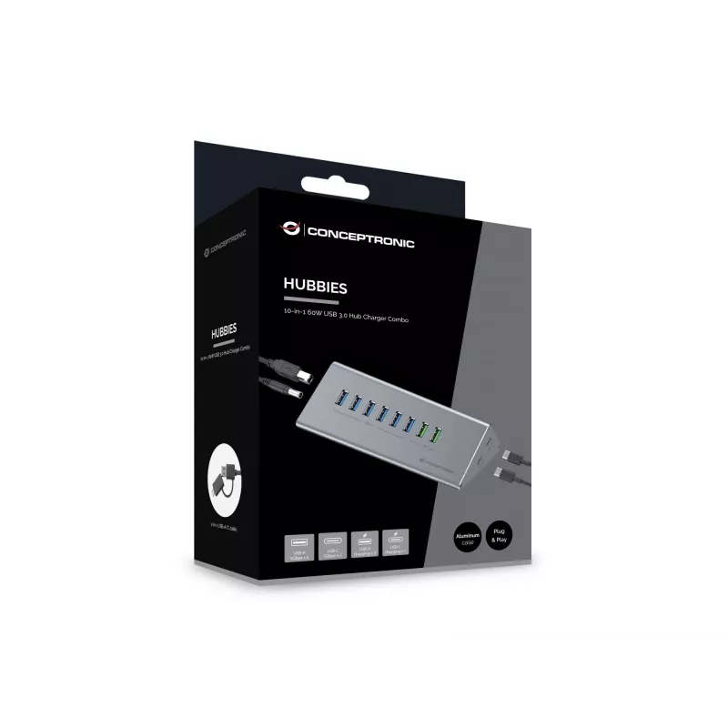 Conceptronic HUBBIES18G 10-in-1 60W USB 3.0 -keskitin-laturiyhdistelmä, 2-in-1 USB-C–USB-A-kaapeli, USB 3.2 Gen 1