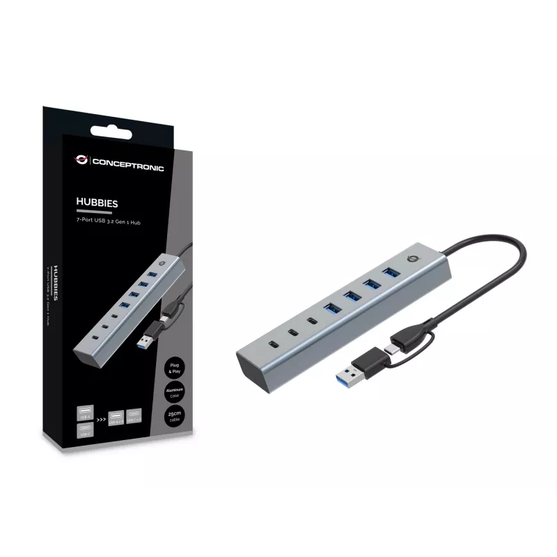 Conceptronic HUBBIES20G 7-porttinen USB 3.0 -keskitin, 5 Gbit/s, USB-C x 3, USB-A x 4