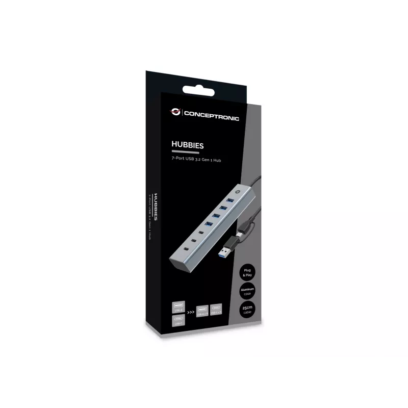 Conceptronic HUBBIES20G 7-porttinen USB 3.0 -keskitin, 5 Gbit/s, USB-C x 3, USB-A x 4